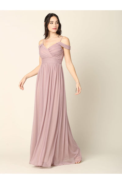 Long Off Shoulder Bridesmaid Pleated Dress - The Dress Outlet