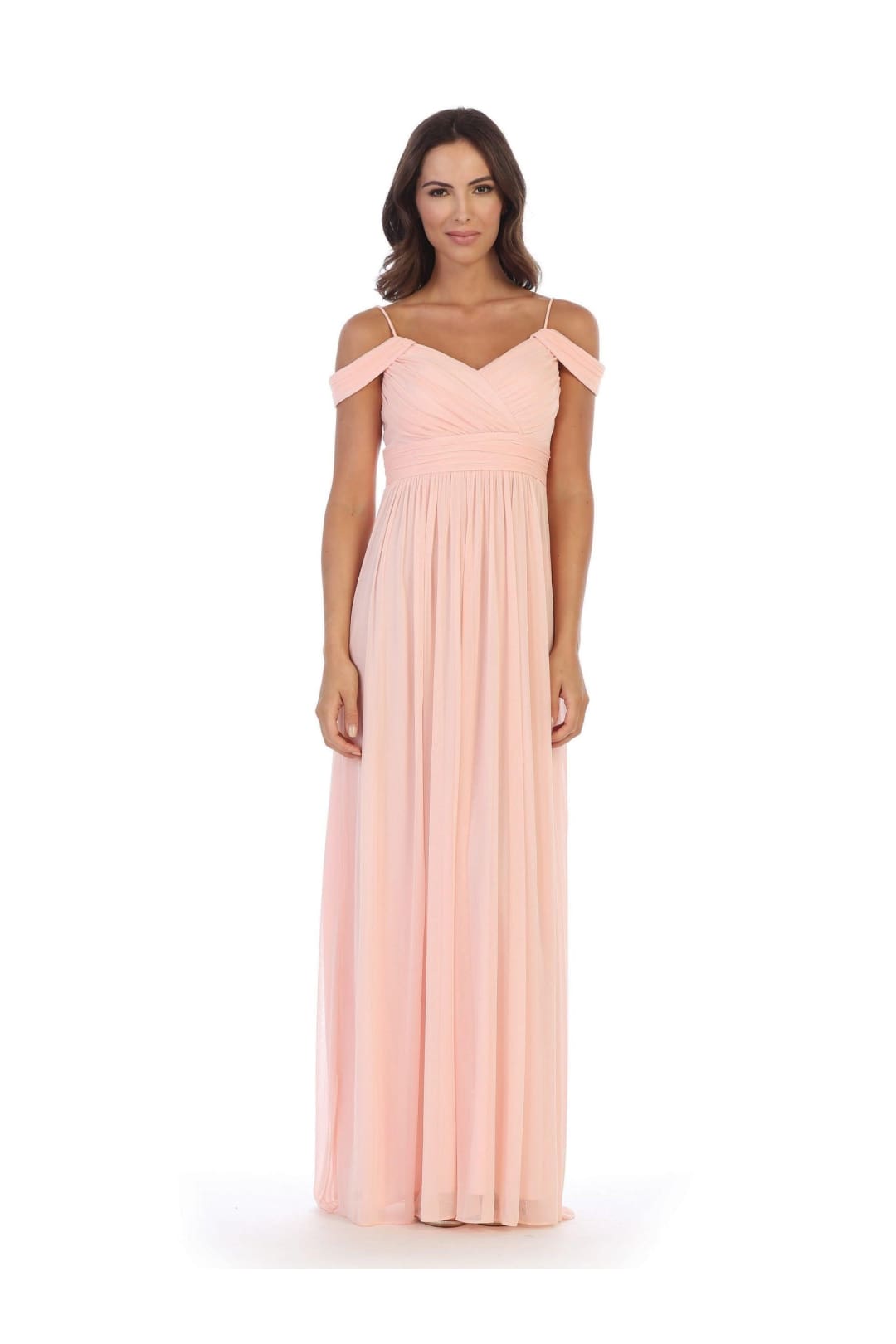 Long Off Shoulder Bridesmaid Pleated Dress - The Dress Outlet