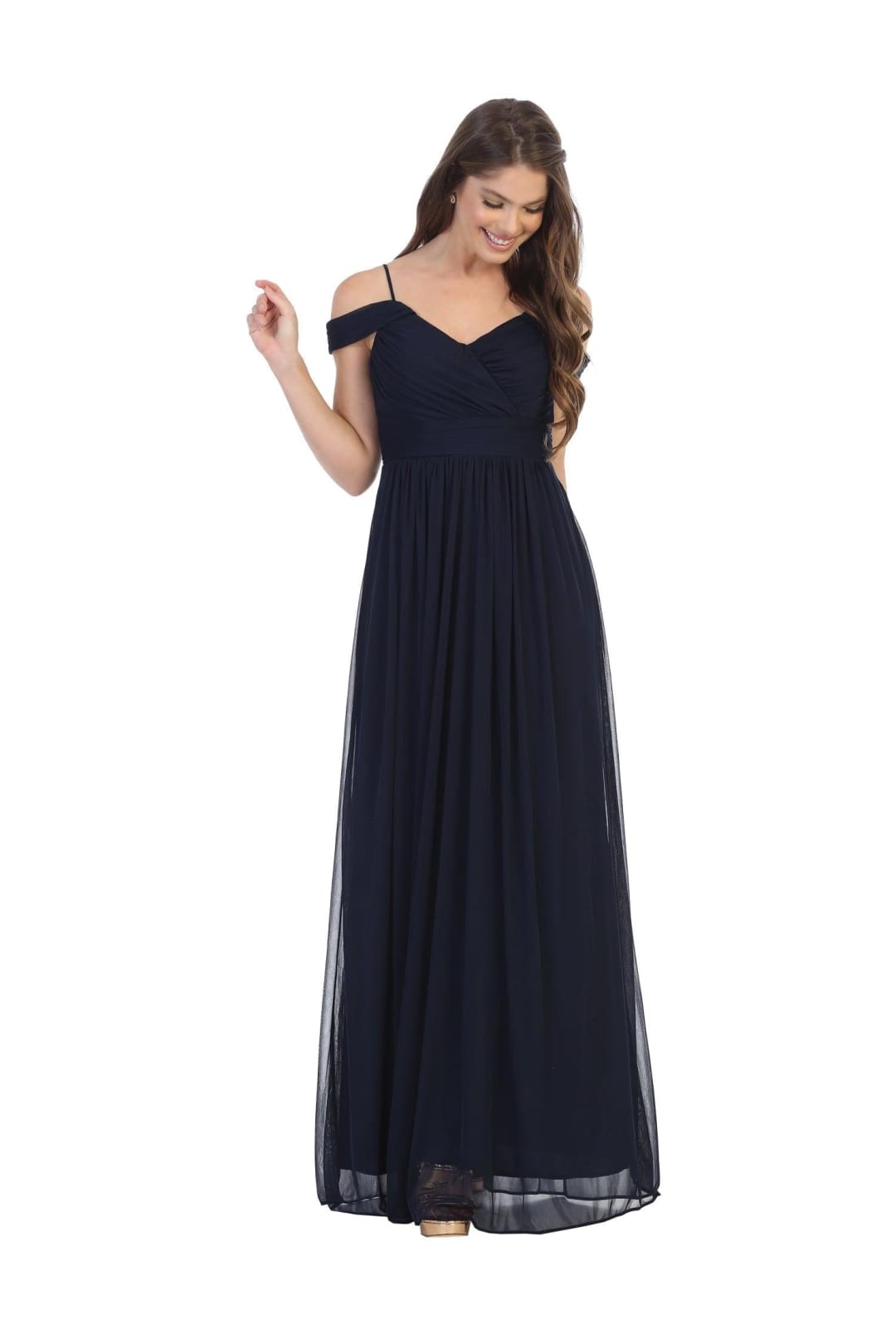 Long Off Shoulder Bridesmaid Pleated Dress - The Dress Outlet