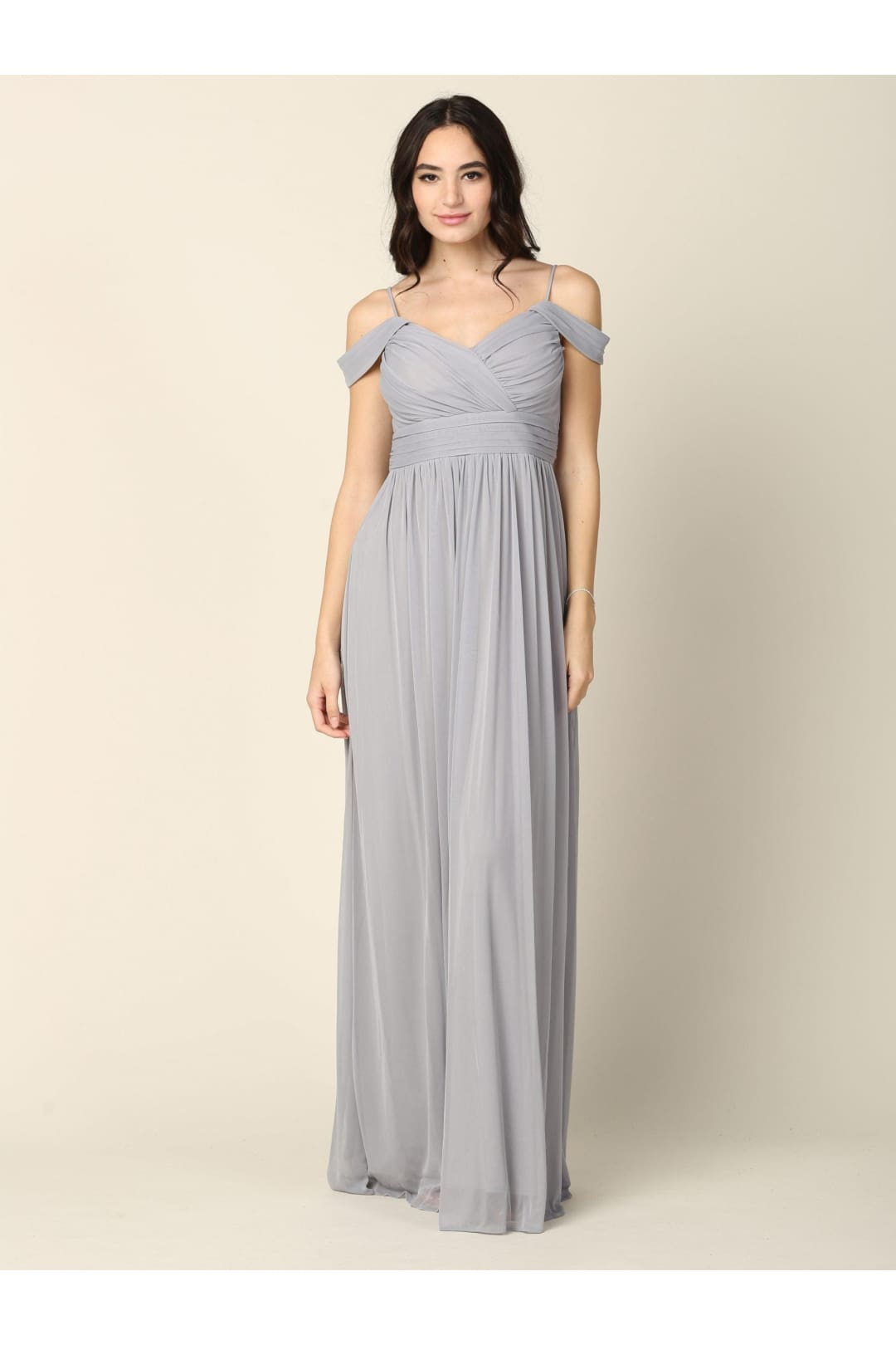 Long Off Shoulder Bridesmaid Pleated Dress - The Dress Outlet