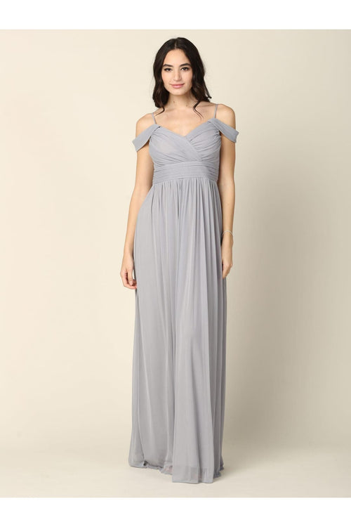 Long Off Shoulder Bridesmaid Pleated Dress - The Dress Outlet