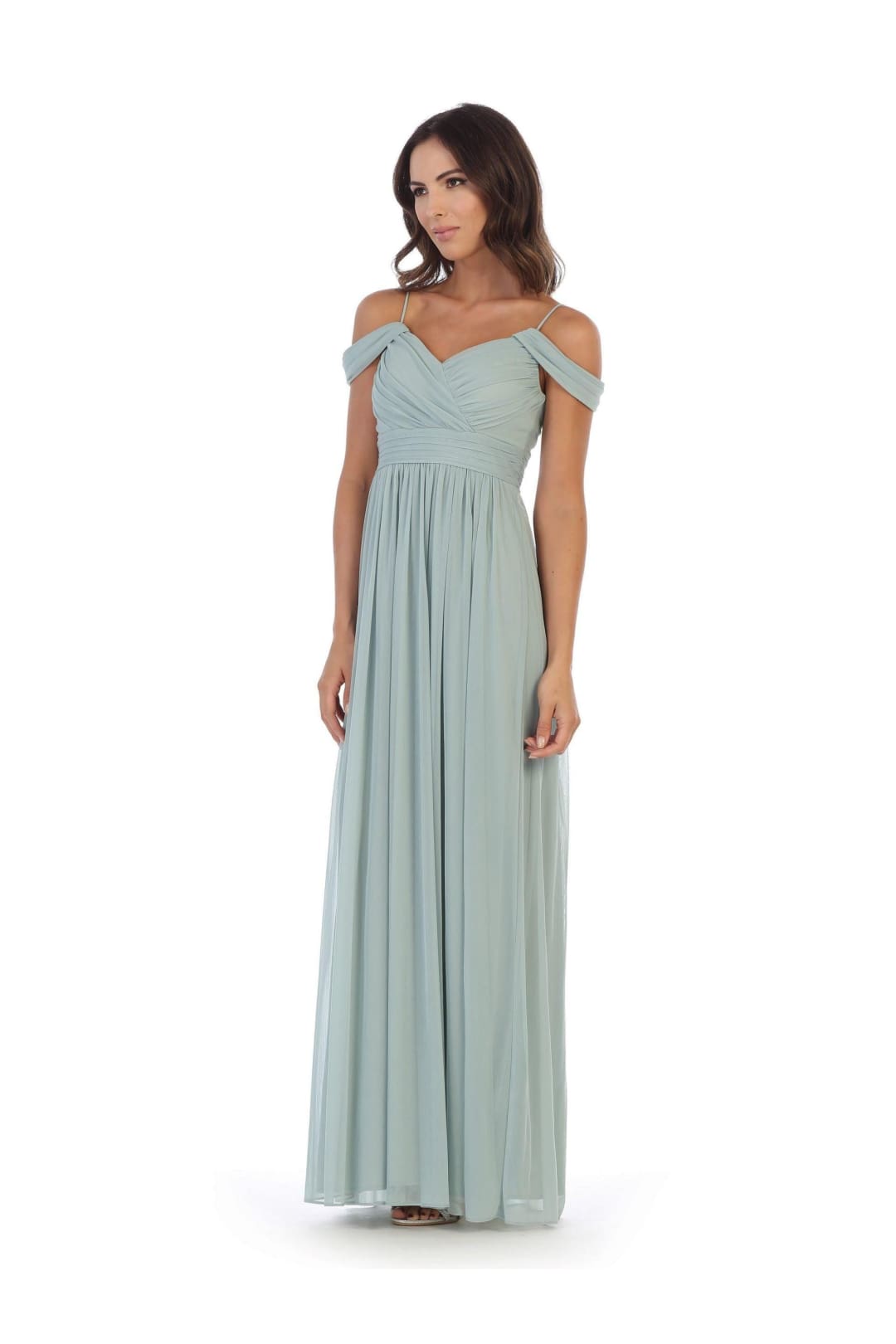 Long Off Shoulder Bridesmaid Pleated Dress - The Dress Outlet