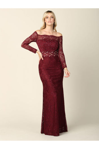 Long Off Shoulder Formal Lace Evening Party Dress - The Dress Outlet