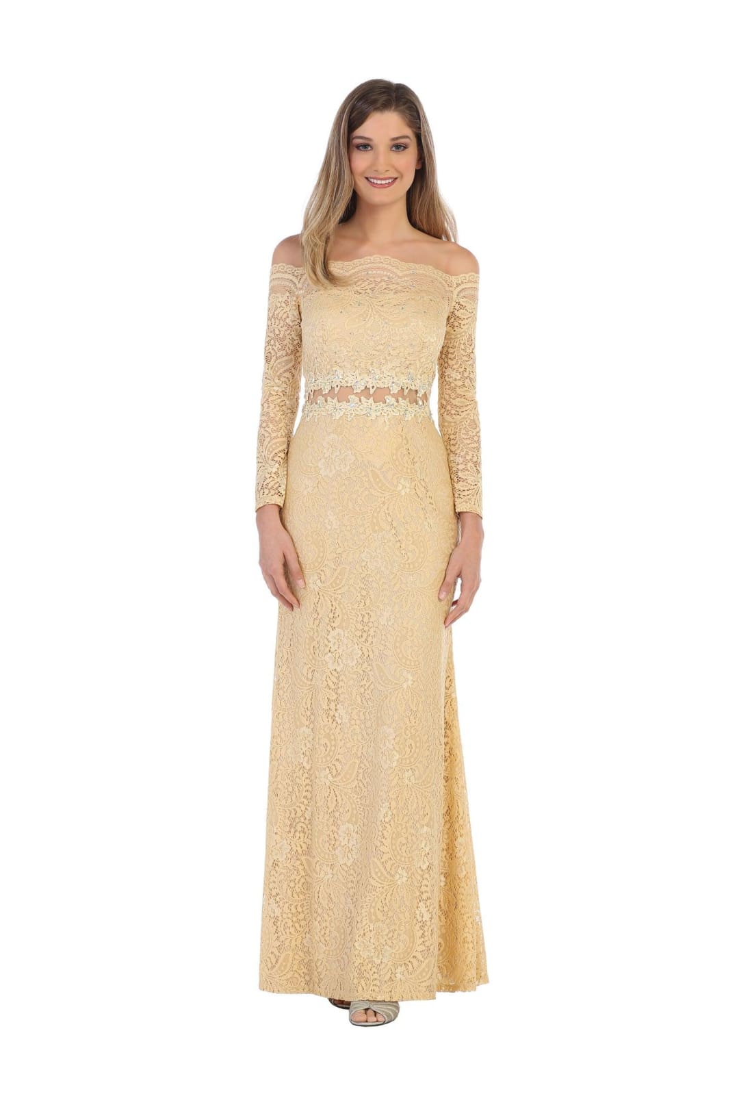 Long Off Shoulder Formal Lace Evening Party Dress - The Dress Outlet