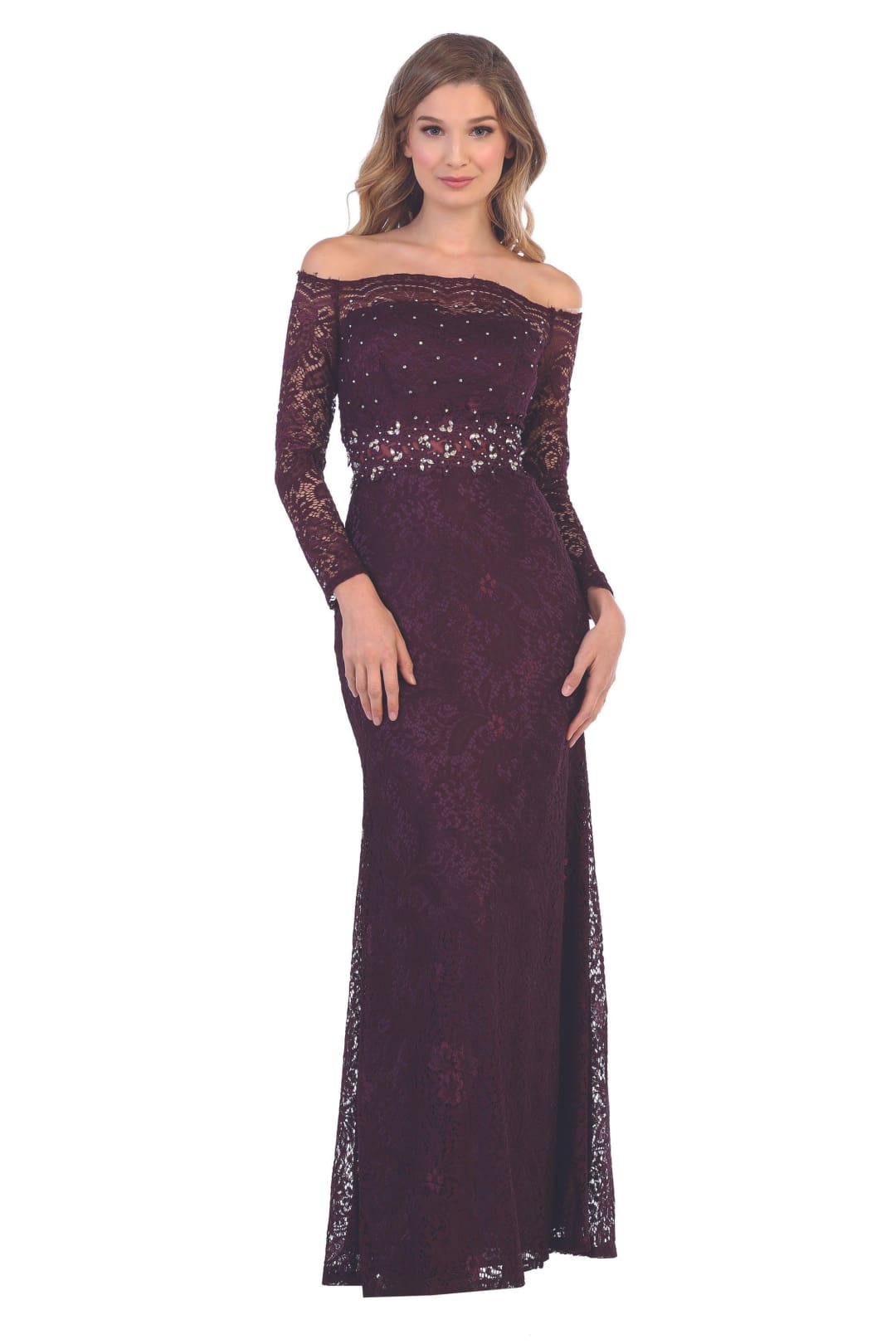 Long Off Shoulder Formal Lace Evening Party Dress - The Dress Outlet