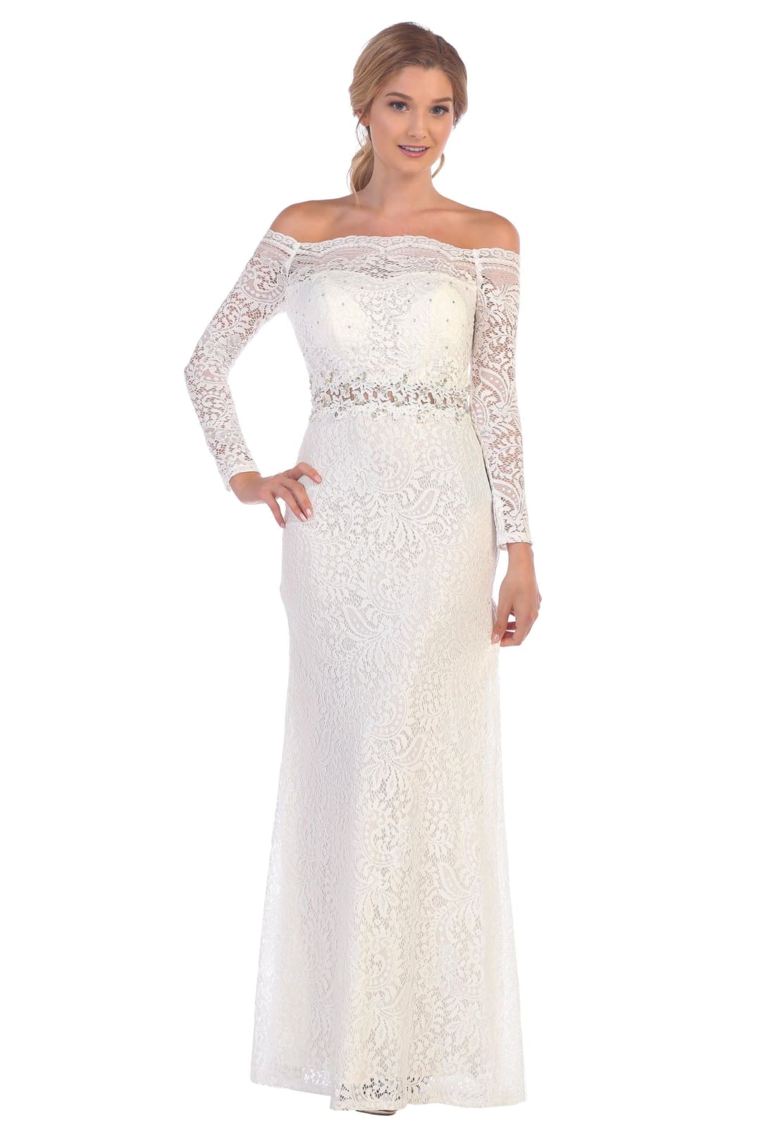 Long Off Shoulder Formal Lace Evening Party Dress - The Dress Outlet