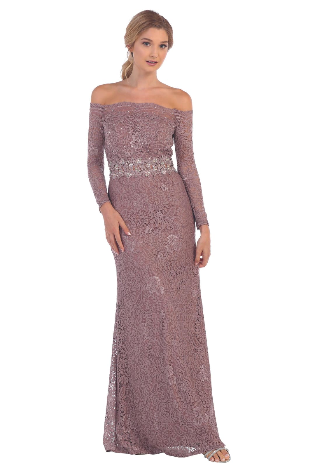 Long Off Shoulder Formal Lace Evening Party Dress - The Dress Outlet