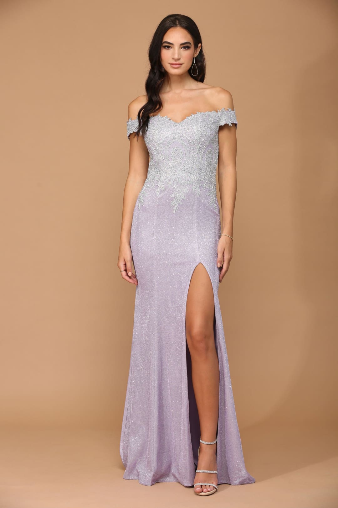 Long Off Shoulder Formal Metallic Prom Dress