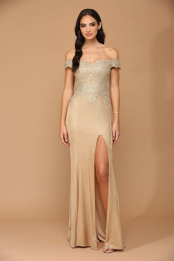 Long Off Shoulder Formal Metallic Prom Dress