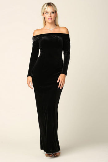 Long Off Shoulder Formal Velvet Dress - The Dress Outlet
