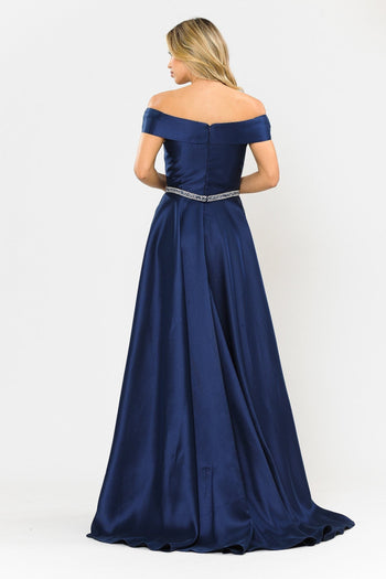 Vestido largo con escote en V y hombros descubiertos de Poly USA 8680