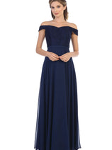 Eva USA 3283 Long Off Shoulder Lace Bodice Bridesmaids Dress