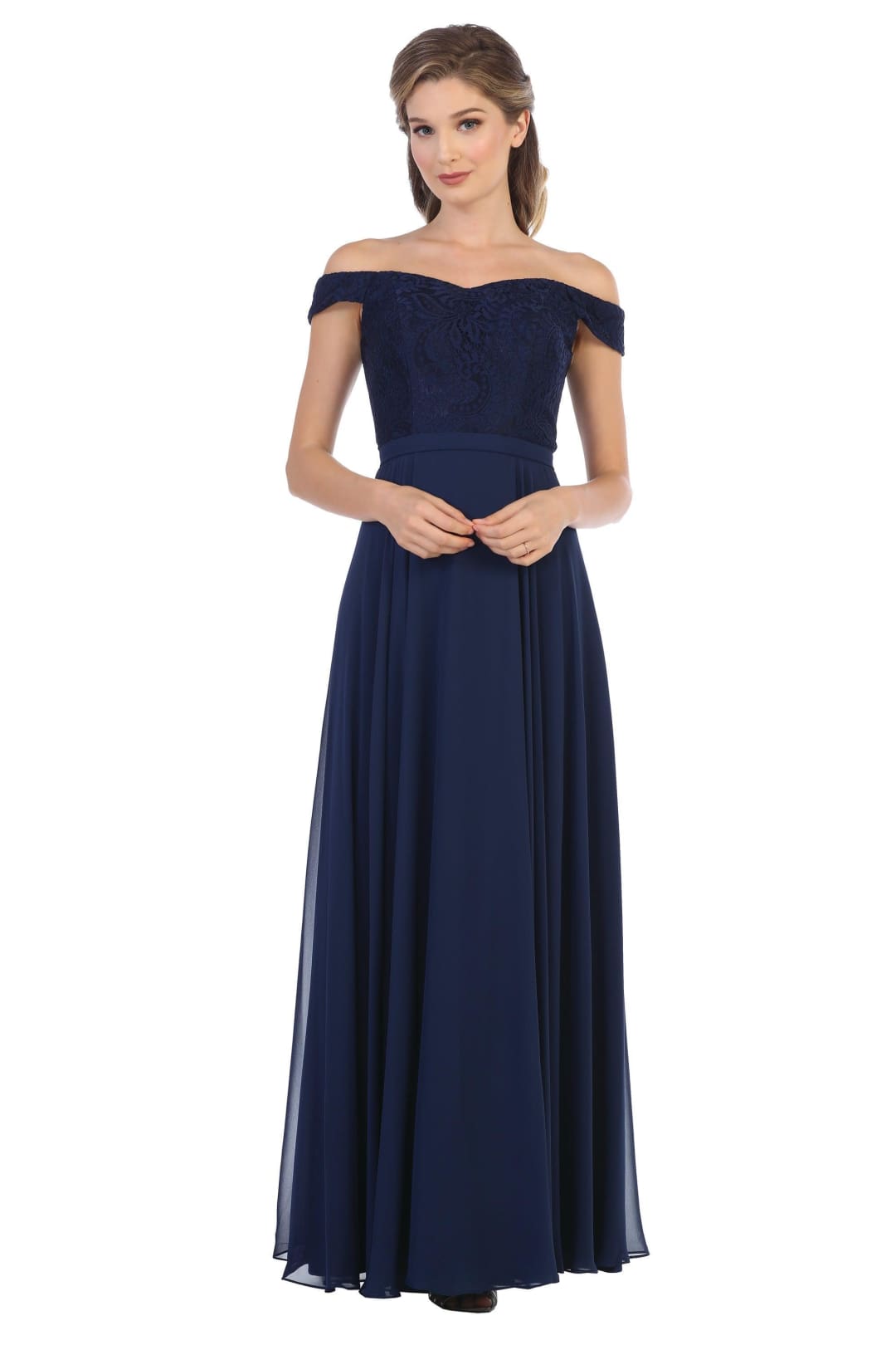Long Off Shoulder Lace Bodice Bridesmaids Dress - The Dress Outlet