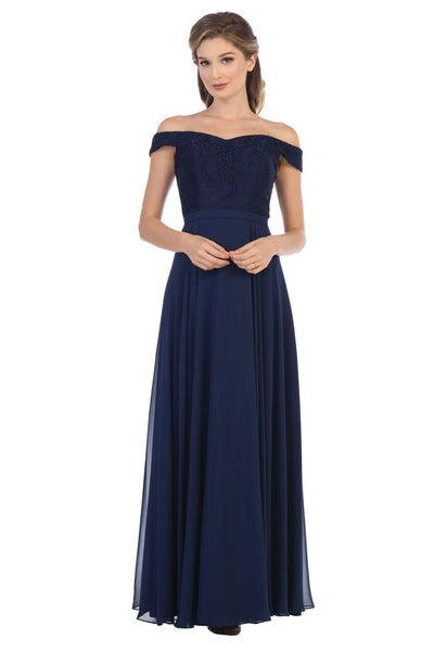 Long Off Shoulder Lace Bodice Bridesmaids Dress - The Dress Outlet