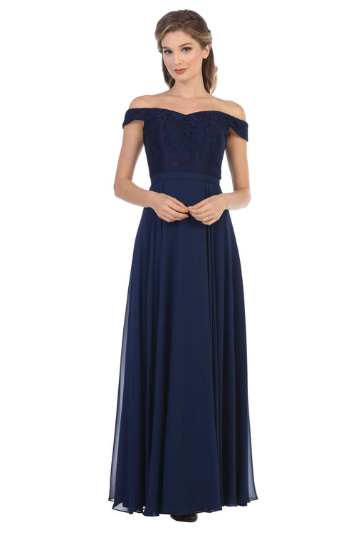 Long Off Shoulder Lace Bodice Bridesmaids Dress - The Dress Outlet