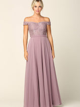 Eva USA 3283 Long Off Shoulder Lace Bodice Bridesmaids Dress