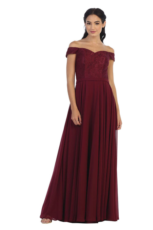 Long Off Shoulder Lace Bodice Bridesmaids Dress - The Dress Outlet
