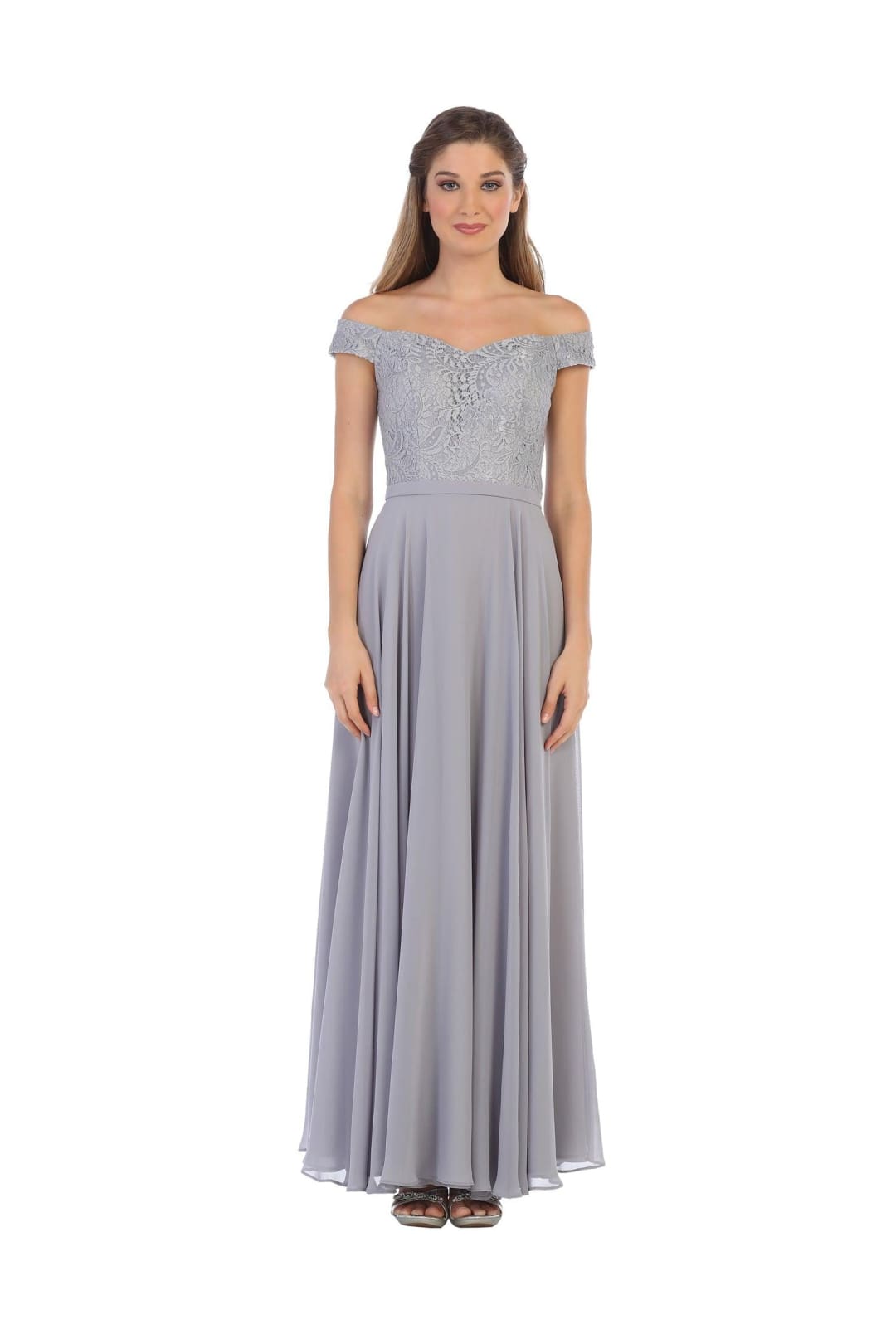 Long Off Shoulder Lace Bodice Bridesmaids Dress - The Dress Outlet