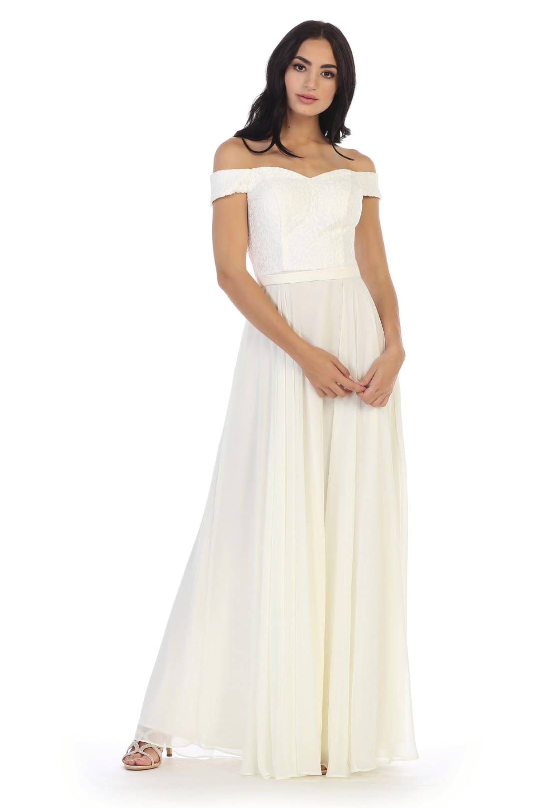 Long Off Shoulder Lace Bodice Bridesmaids Dress - The Dress Outlet