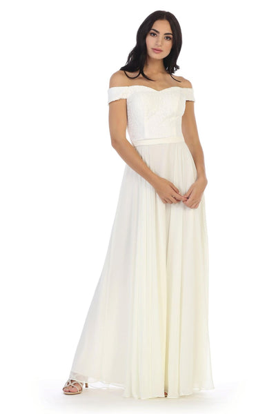 Long Off Shoulder Lace Bodice Bridesmaids Dress - The Dress Outlet
