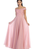 Eva USA 3283 Long Off Shoulder Lace Bodice Bridesmaids Dress