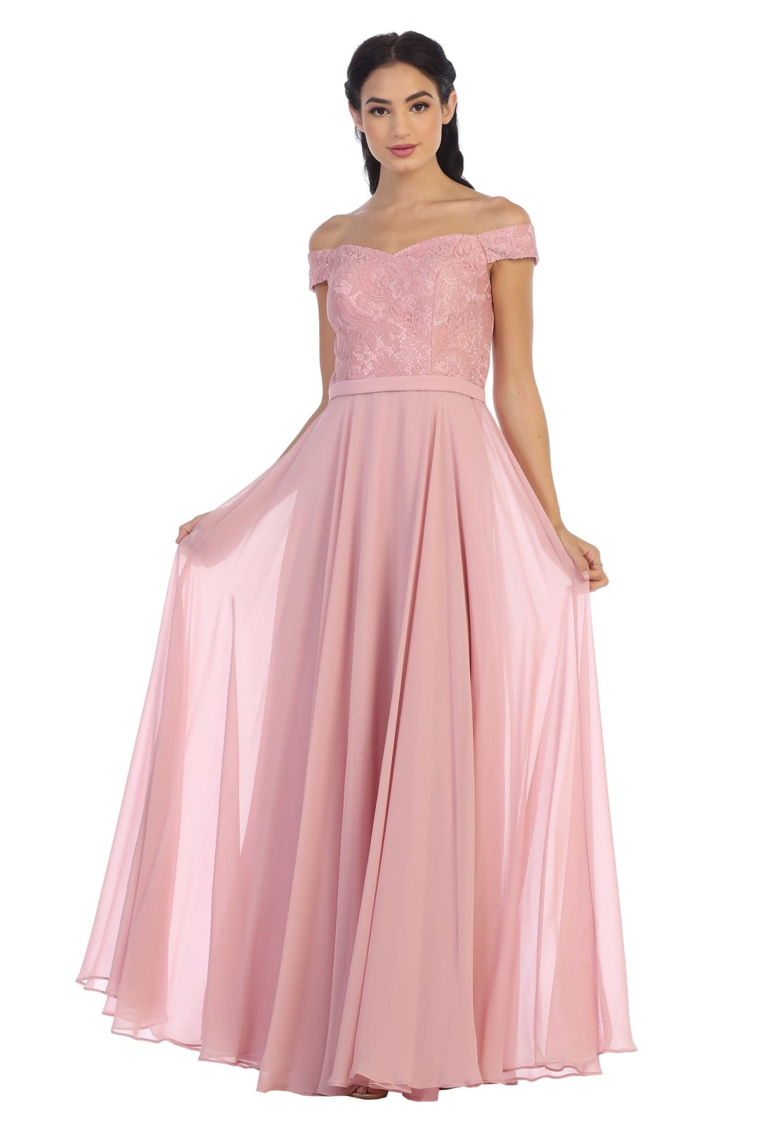 Long Off Shoulder Lace Bodice Bridesmaids Dress - The Dress Outlet