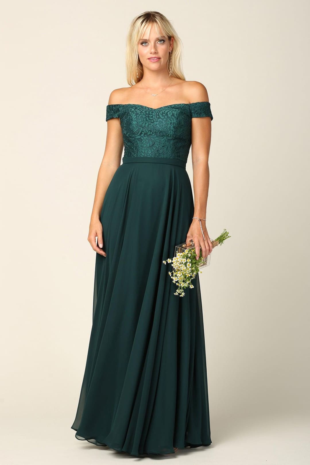 Eva USA 3283 Long Off Shoulder Lace Bodice Bridesmaids Dress