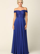 Eva USA 3283 Long Off Shoulder Lace Bodice Bridesmaids Dress