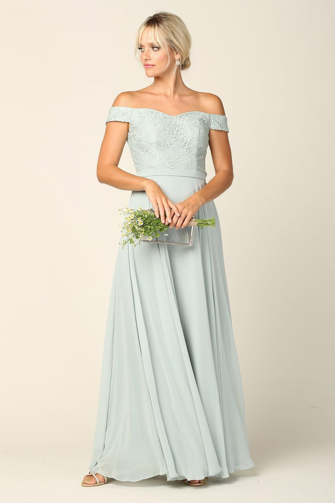 Eva USA 3283 Long Off Shoulder Lace Bodice Bridesmaids Dress
