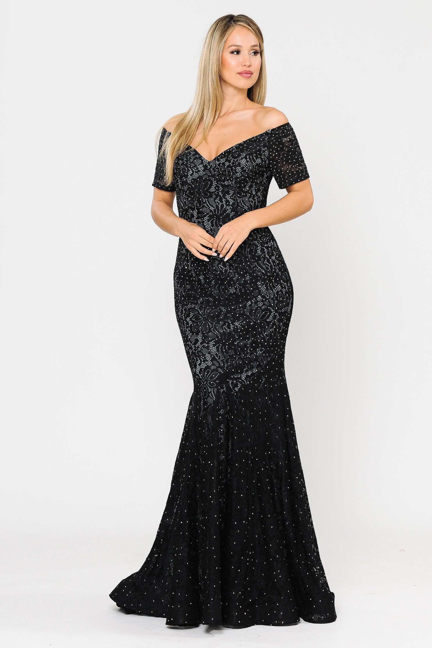 Poly USA 8596 Long Off Shoulder Lace Mermaid Dress