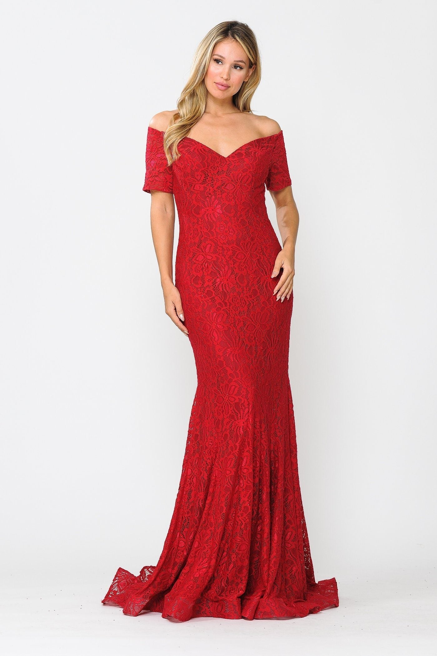 Poly USA 8596 Long Off Shoulder Lace Mermaid Dress