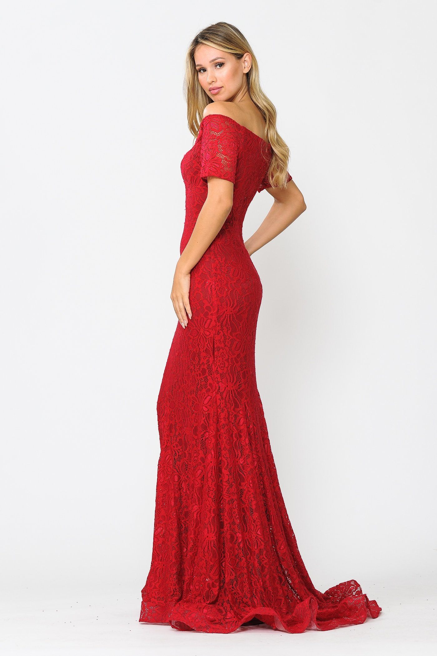 Poly USA 8596 Long Off Shoulder Lace Mermaid Dress