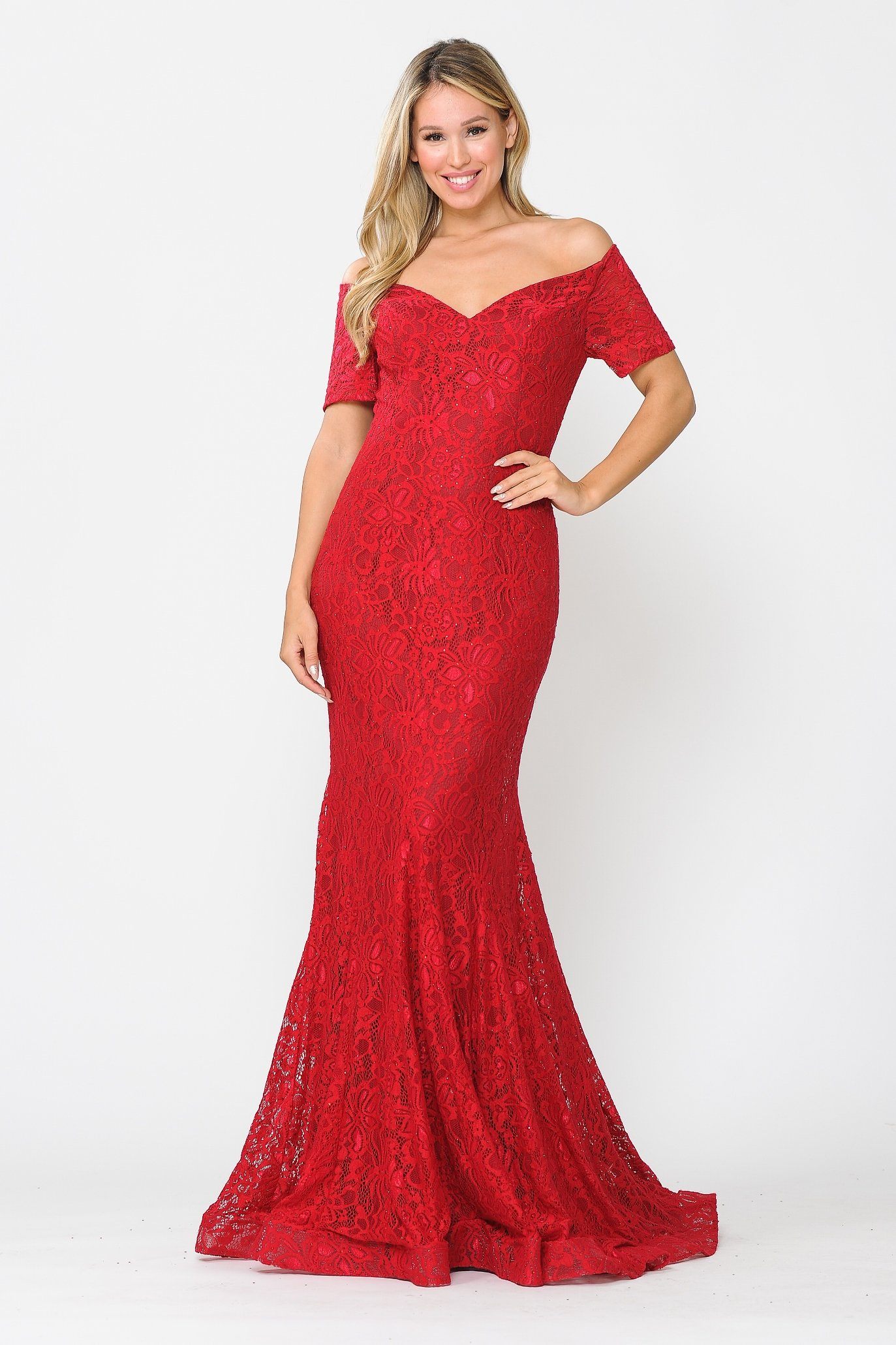 Poly USA 8596 Long Off Shoulder Lace Mermaid Dress