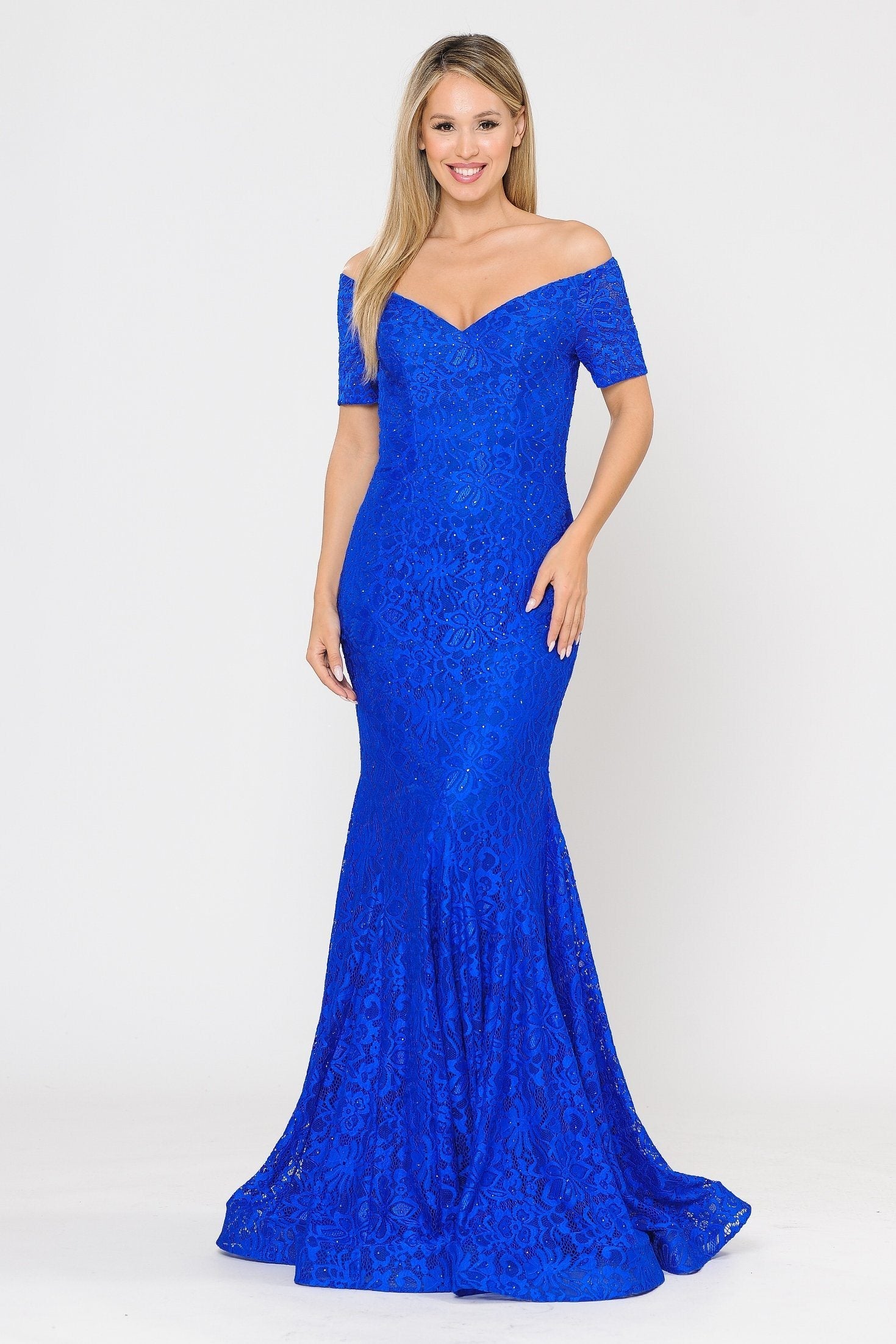 Poly USA 8596 Long Off Shoulder Lace Mermaid Dress