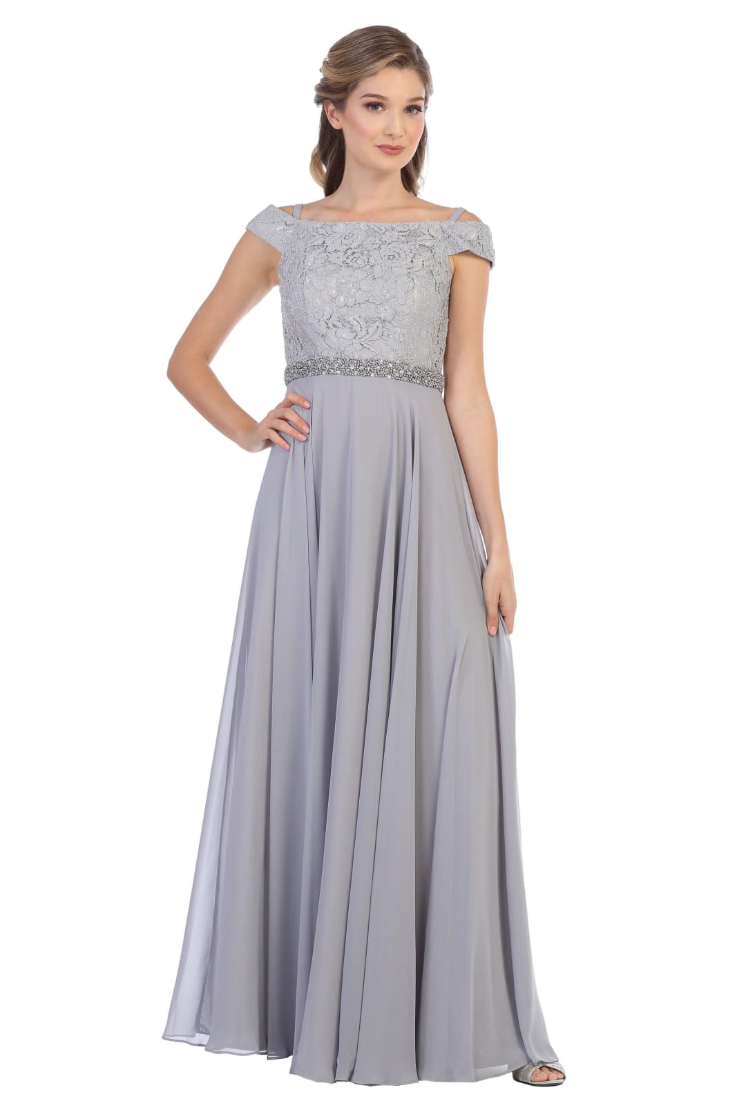 Long Off Shoulder Mother of the Bride Lace Dress - The Dress Outlet