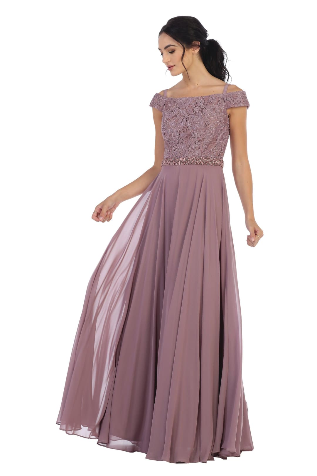 Long Off Shoulder Mother of the Bride Lace Dress - The Dress Outlet