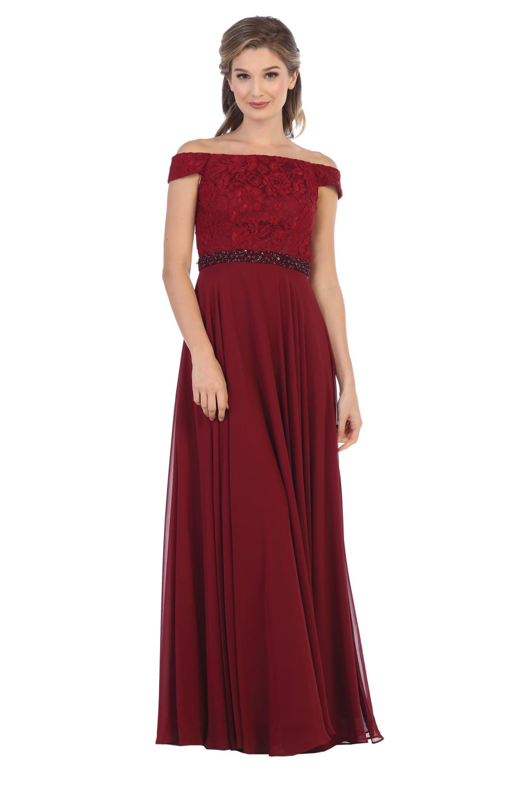Long Off Shoulder Mother of the Bride Lace Dress - The Dress Outlet