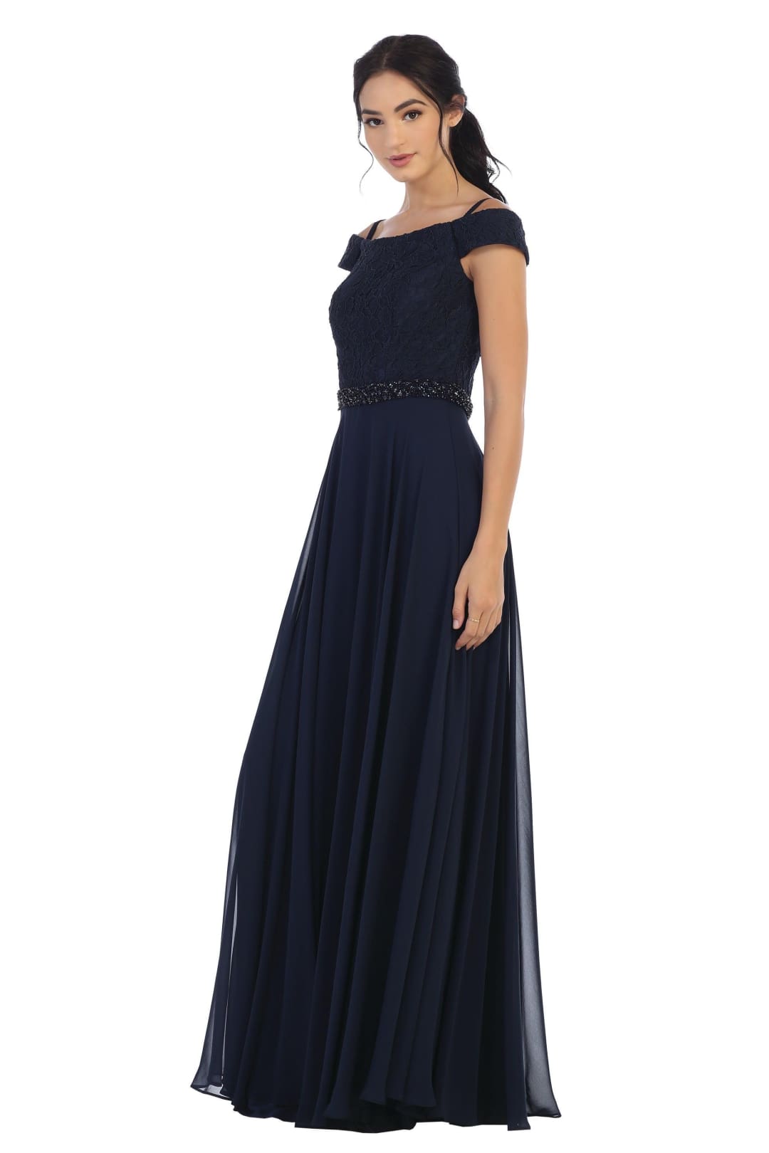Long Off Shoulder Mother of the Bride Lace Dress - The Dress Outlet