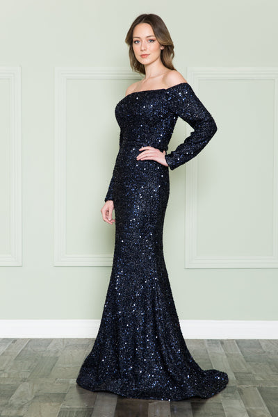 Poly USA 8876 Long Off Shoulder Sequin Dress