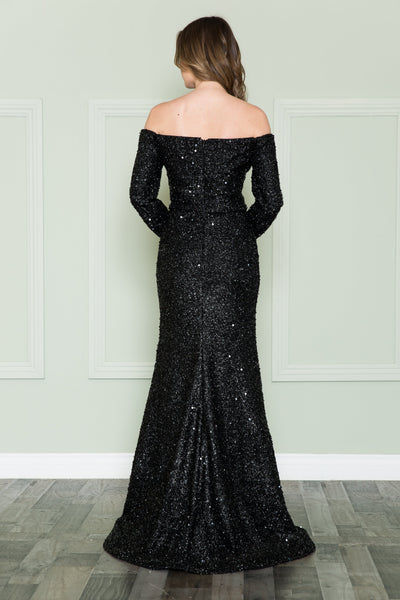 Poly USA 8876 Long Off Shoulder Sequin Dress