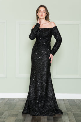 Poly USA 8876 Long Off Shoulder Sequin Dress