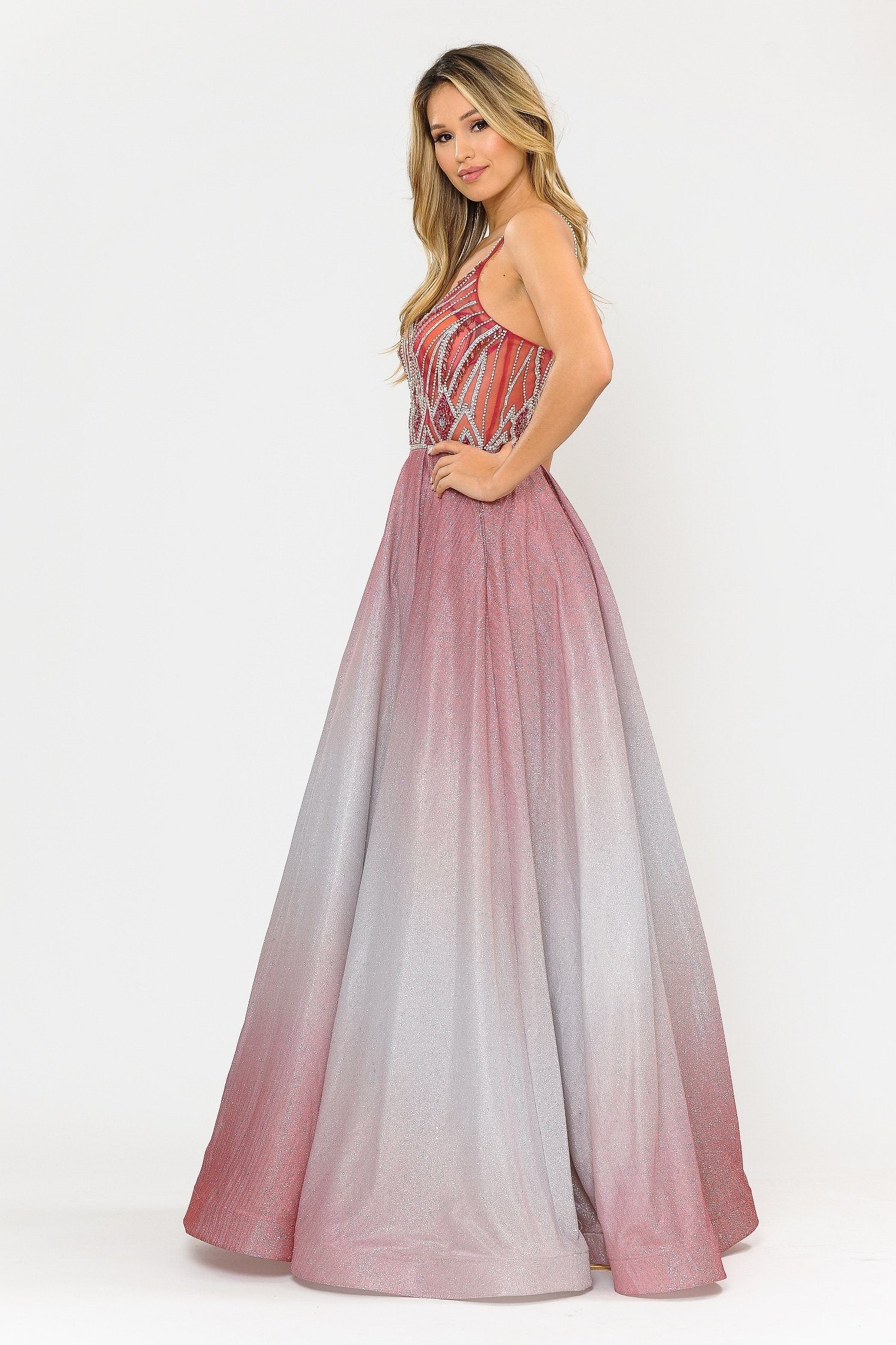 Poly USA 8350 Long Ombre Glitter Dress with Sheer Bodice