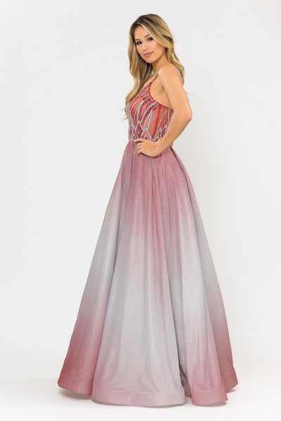 Poly USA 8350 Long Ombre Glitter Dress with Sheer Bodice