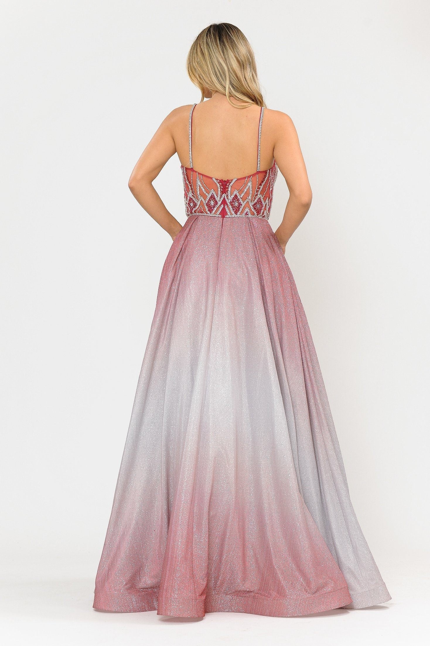 Poly USA 8350 Long Ombre Glitter Dress with Sheer Bodice