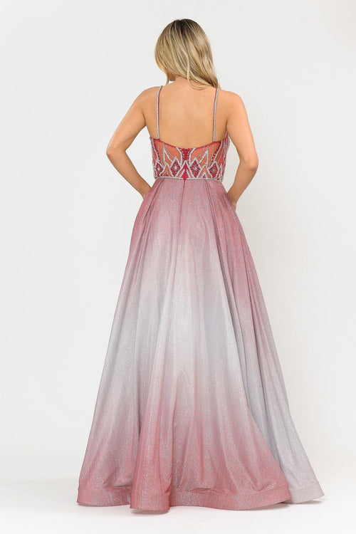 Poly USA 8350 Long Ombre Glitter Dress with Sheer Bodice