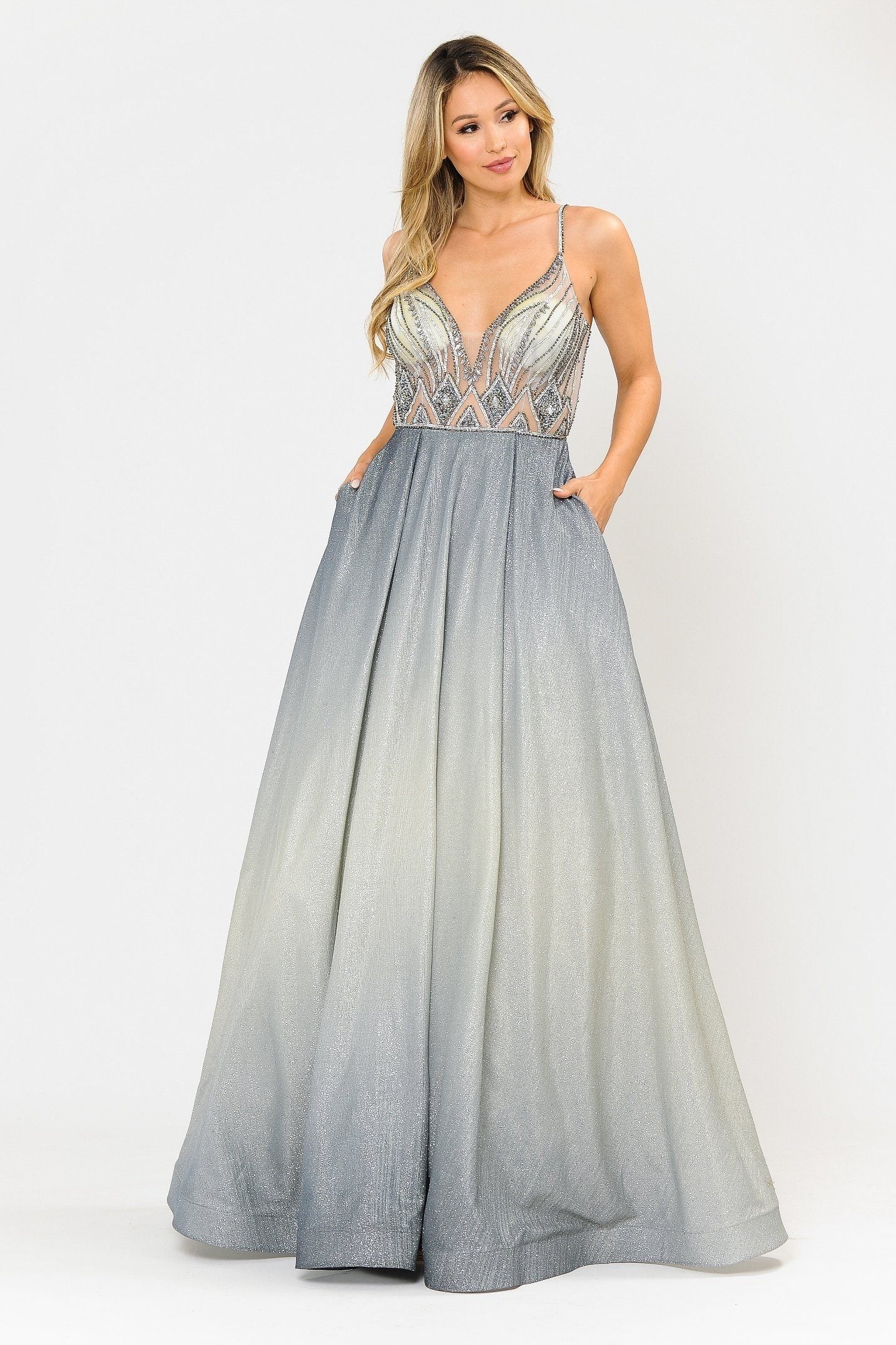 Poly USA 8350 Long Ombre Glitter Dress with Sheer Bodice