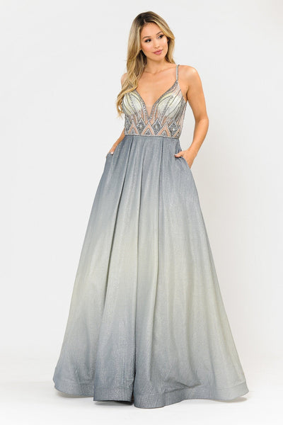 Poly USA 8350 Long Ombre Glitter Dress with Sheer Bodice