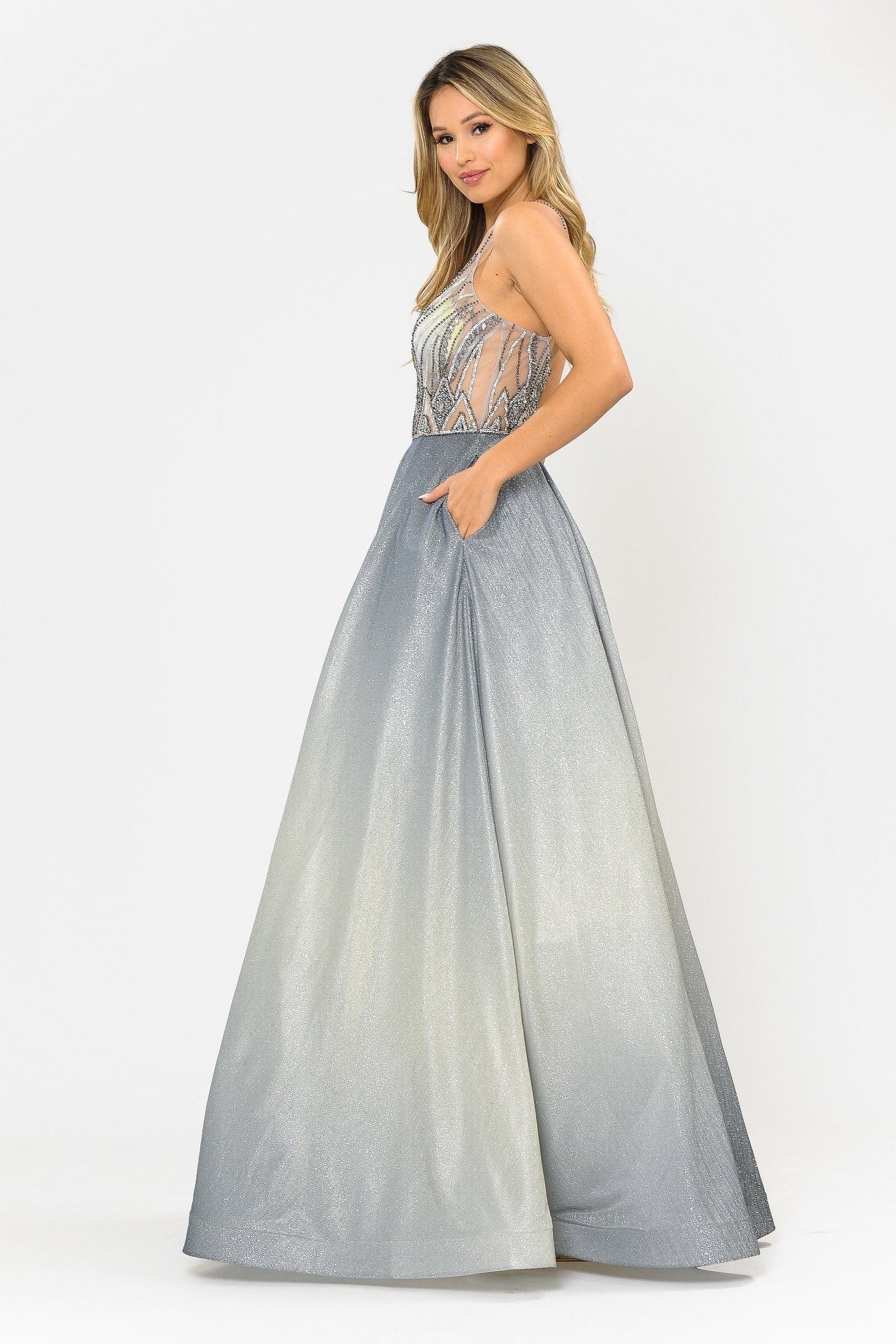 Poly USA 8350 Long Ombre Glitter Dress with Sheer Bodice