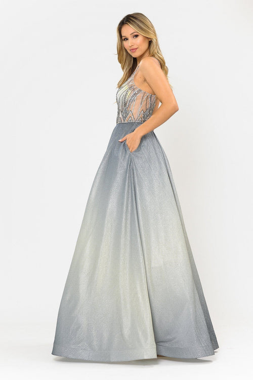Poly USA 8350 Long Ombre Glitter Dress with Sheer Bodice