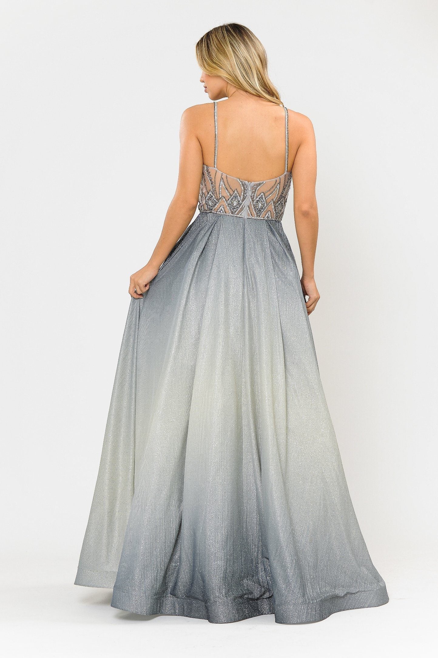 Poly USA 8350 Long Ombre Glitter Dress with Sheer Bodice